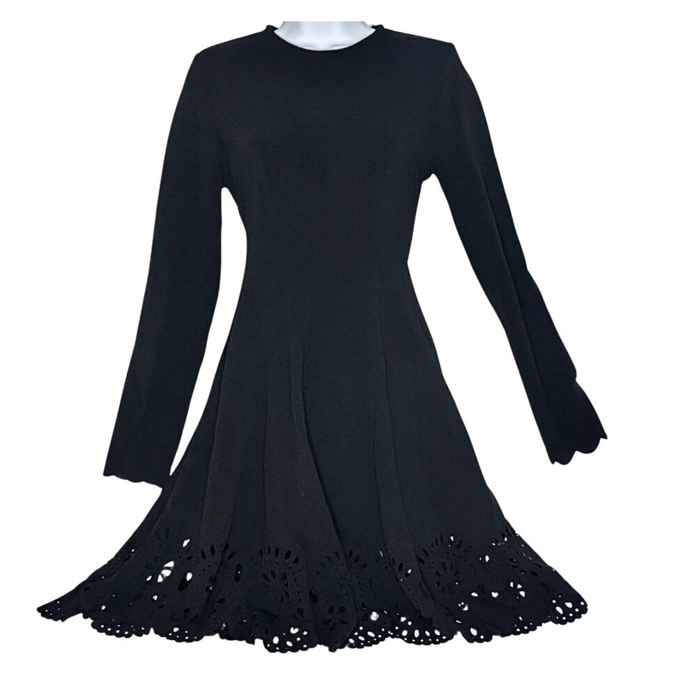 Black Long Sleeve Stretch Swing Dress With Floral Cutout Trim